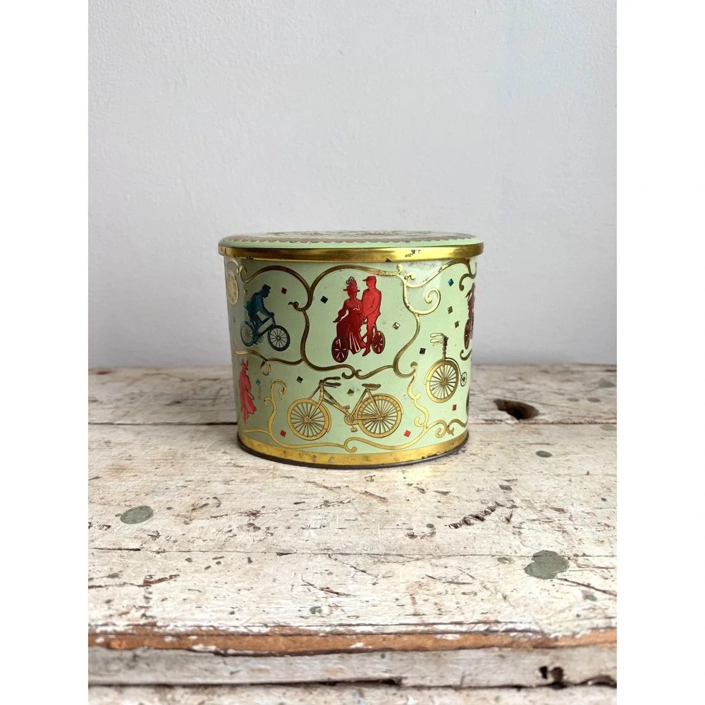 Vintage Baret Ware Art Grace Oval Tin England Victorian Bicycle Graphics Green